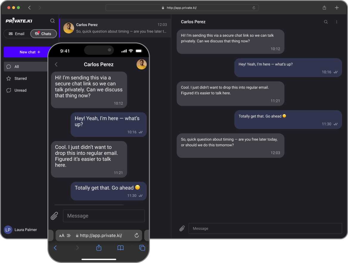 Private.Ki Chat Request feature showing secure link-based encrypted conversations