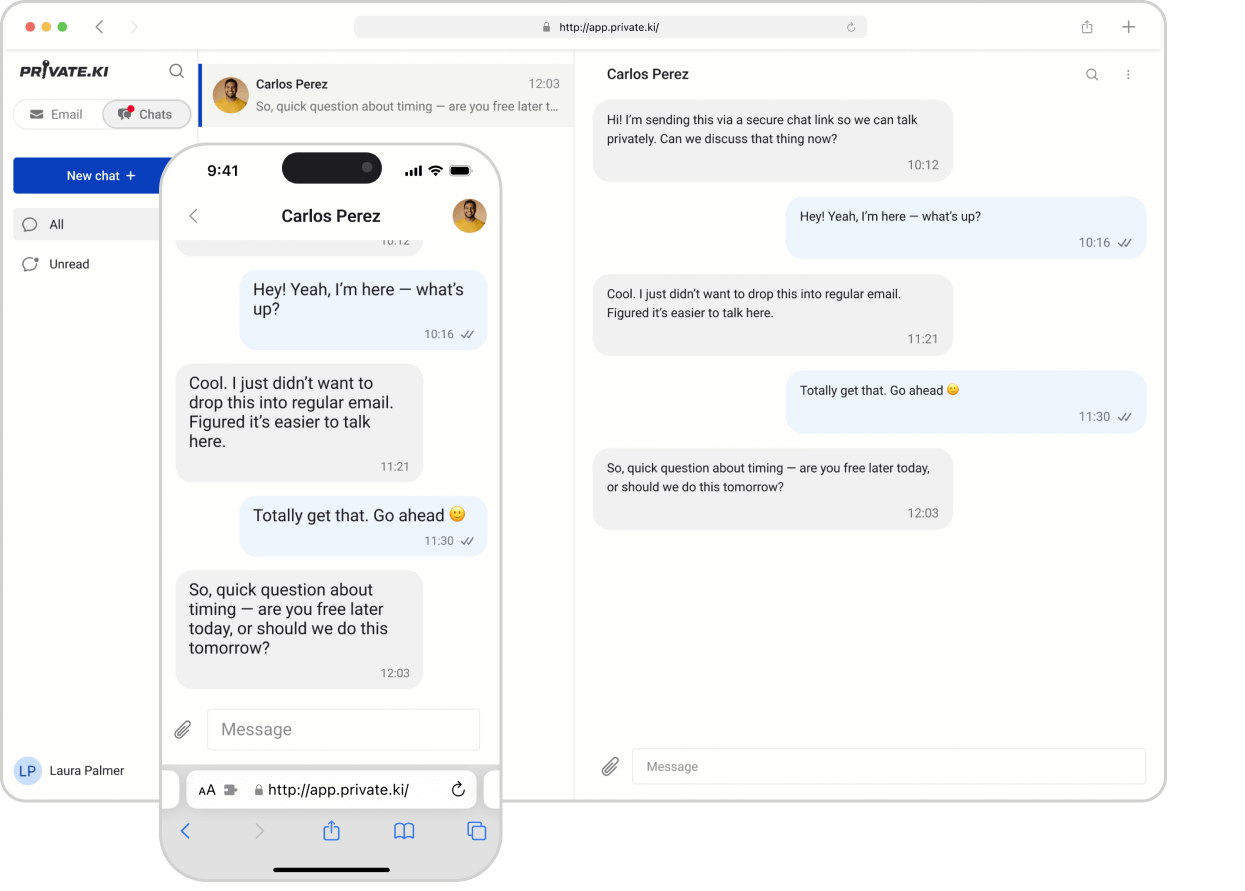 Private.Ki Chat Request feature showing secure link-based encrypted conversations