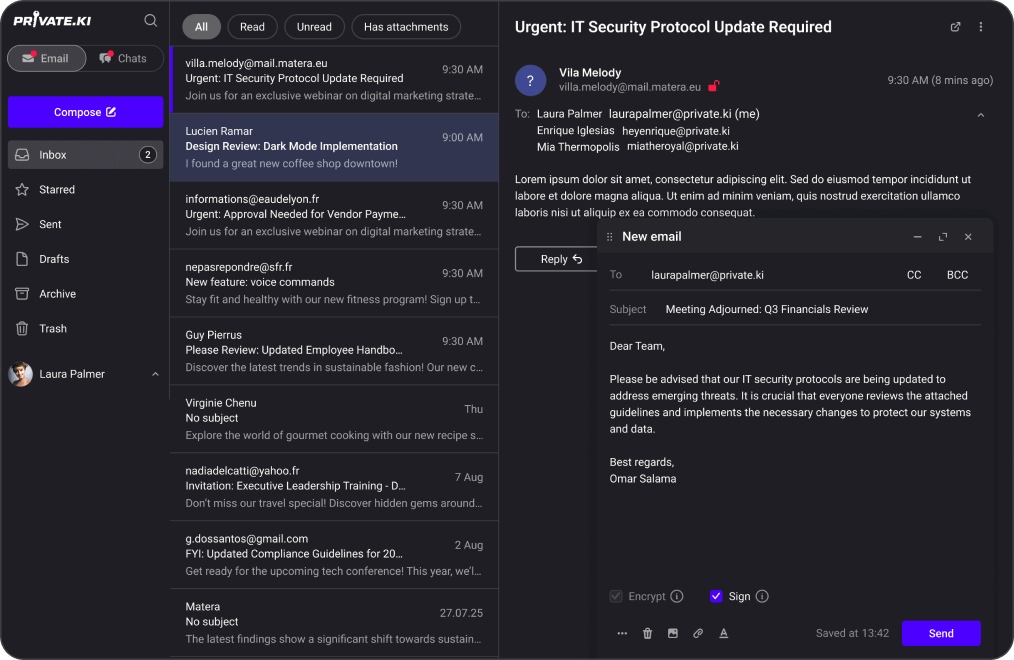 Private.Ki Mail compose and send encrypted email interface