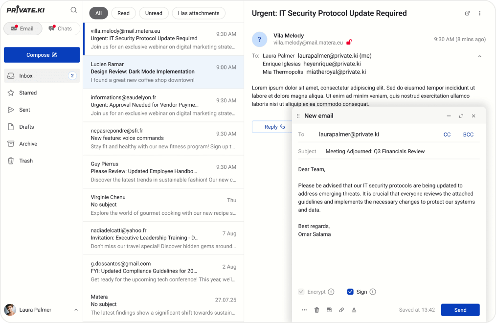 Private.Ki Mail compose and send encrypted email interface