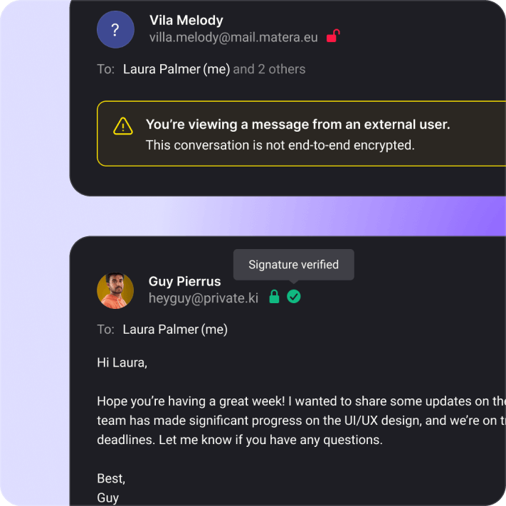 Private.Ki Mail encrypted email interface showing secure inbox with end-to-end encryption