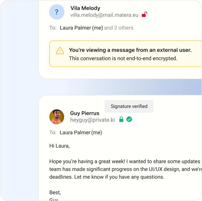 Private.Ki Mail encrypted email interface showing secure inbox with end-to-end encryption