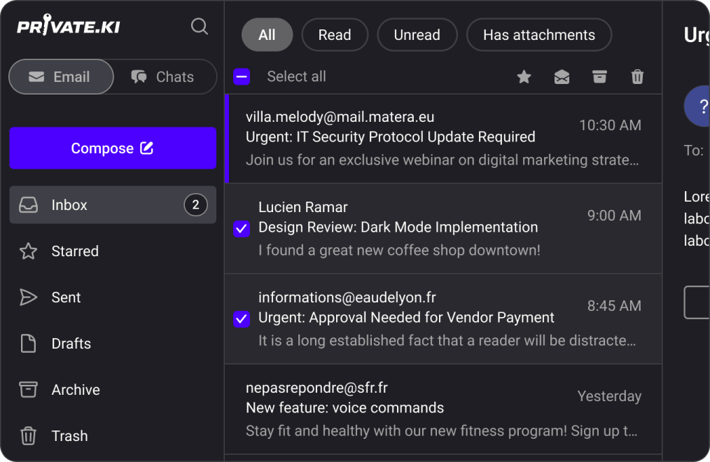 Private.Ki Mail email organization with folders and filters