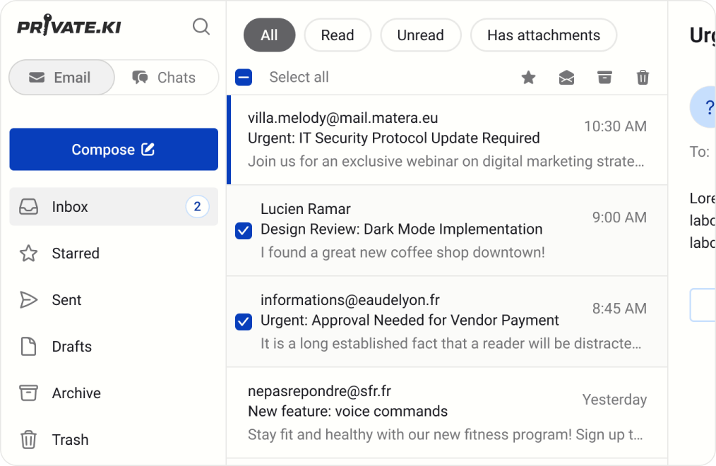 Private.Ki Mail email organization with folders and filters