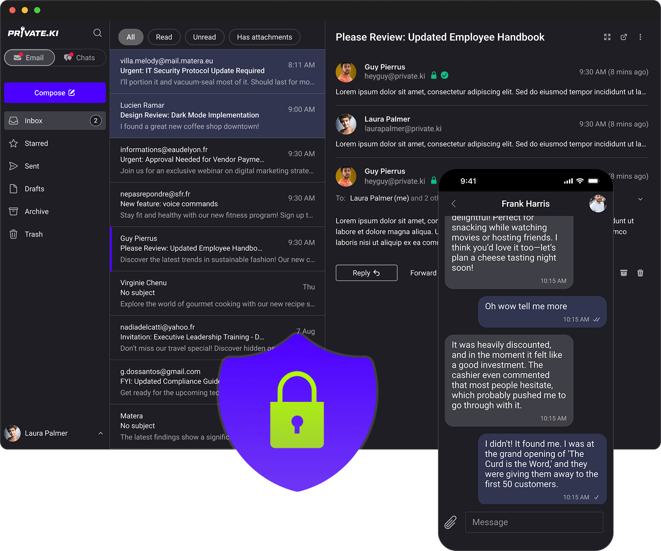 Private.Ki encrypted communication interface showing secure email and messenger features