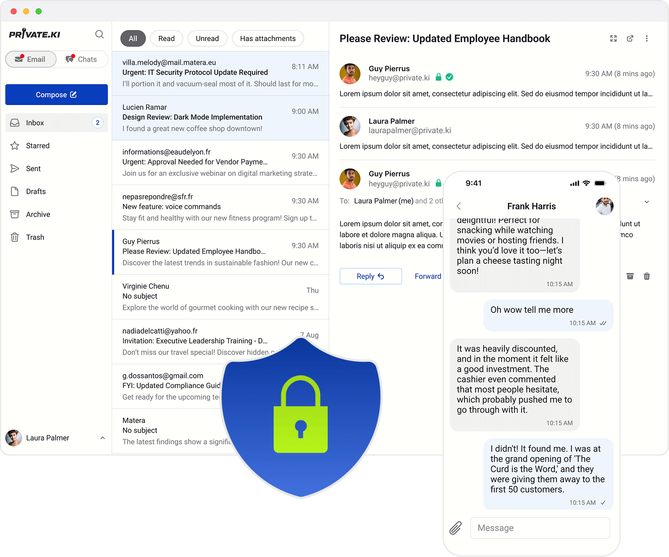 Private.Ki encrypted communication interface showing secure email and messenger features