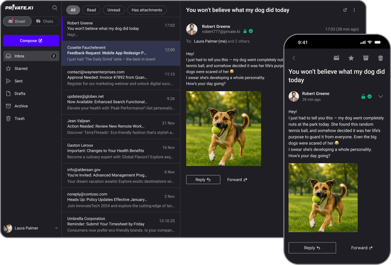 Private.Ki Mail encrypted email interface displayed on multiple devices showing secure inbox