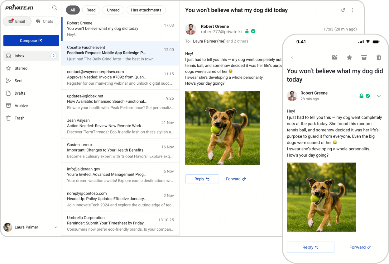 Private.Ki Mail encrypted email interface displayed on multiple devices showing secure inbox
