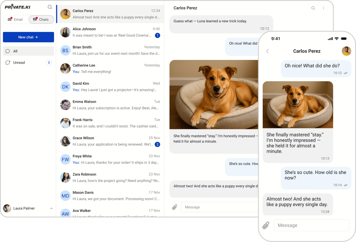 Private.Ki Messenger encrypted messaging interface showing secure conversations